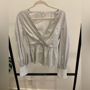 Express medium, white be black striped, v neck blouse.